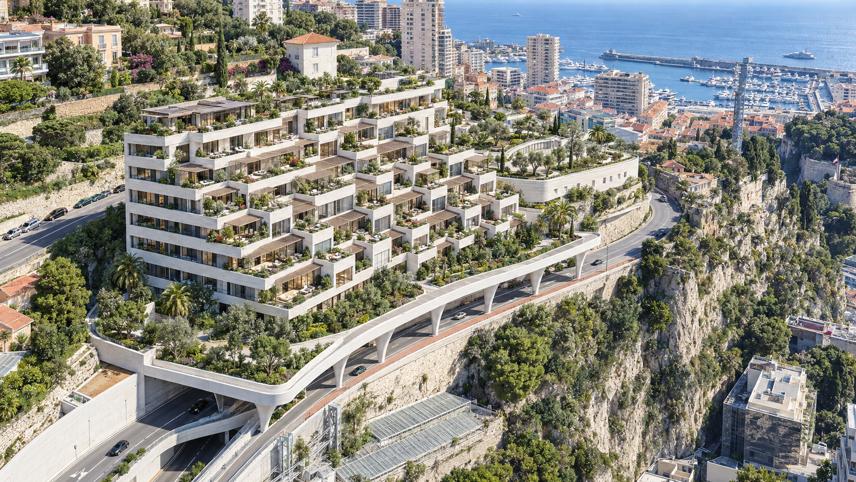 Projet EVOS à Monaco, bâtiments en terrasses et paysage côtier
