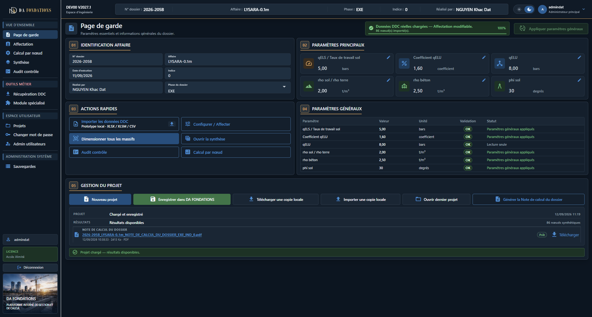 Interface réelle du logiciel DA FONDATIONS